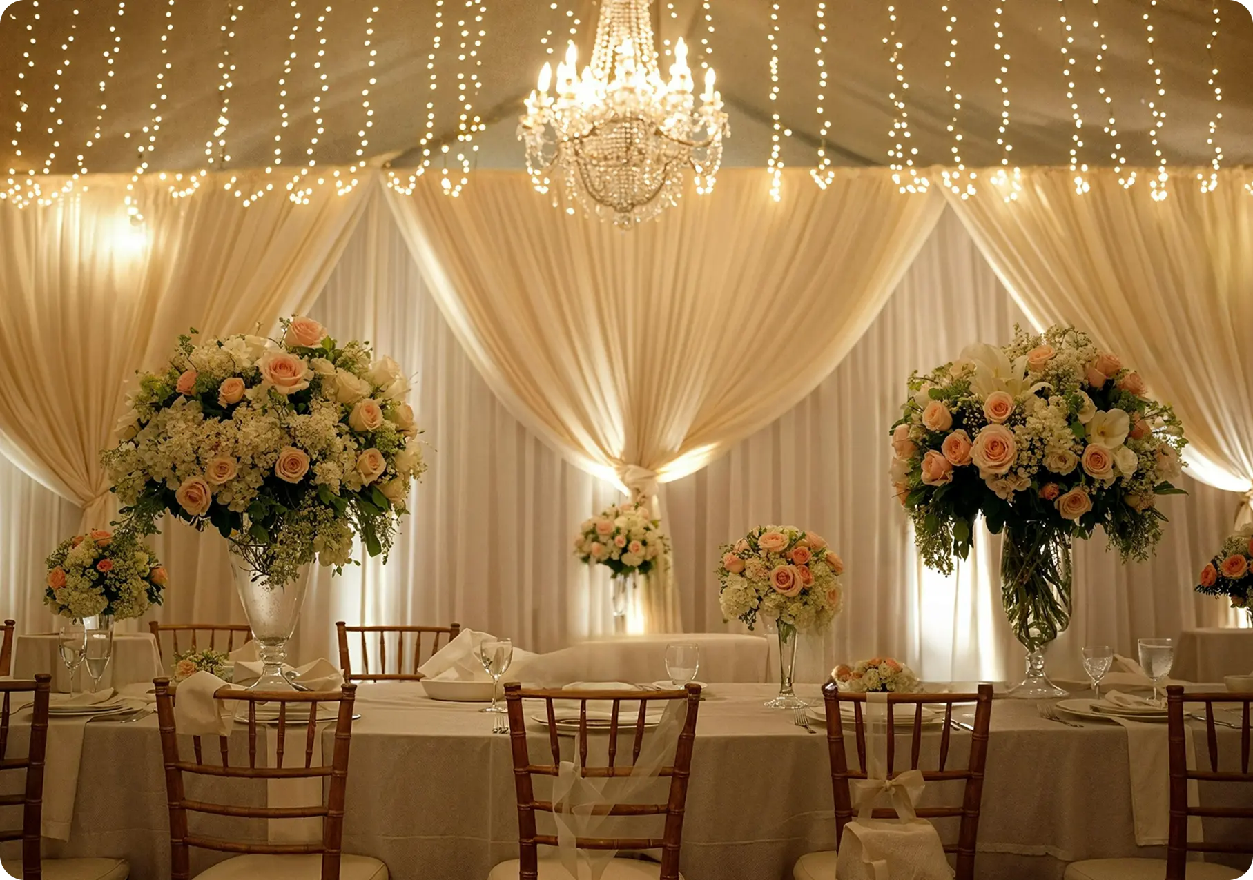 Elegant wedding reception with floral arrangements.