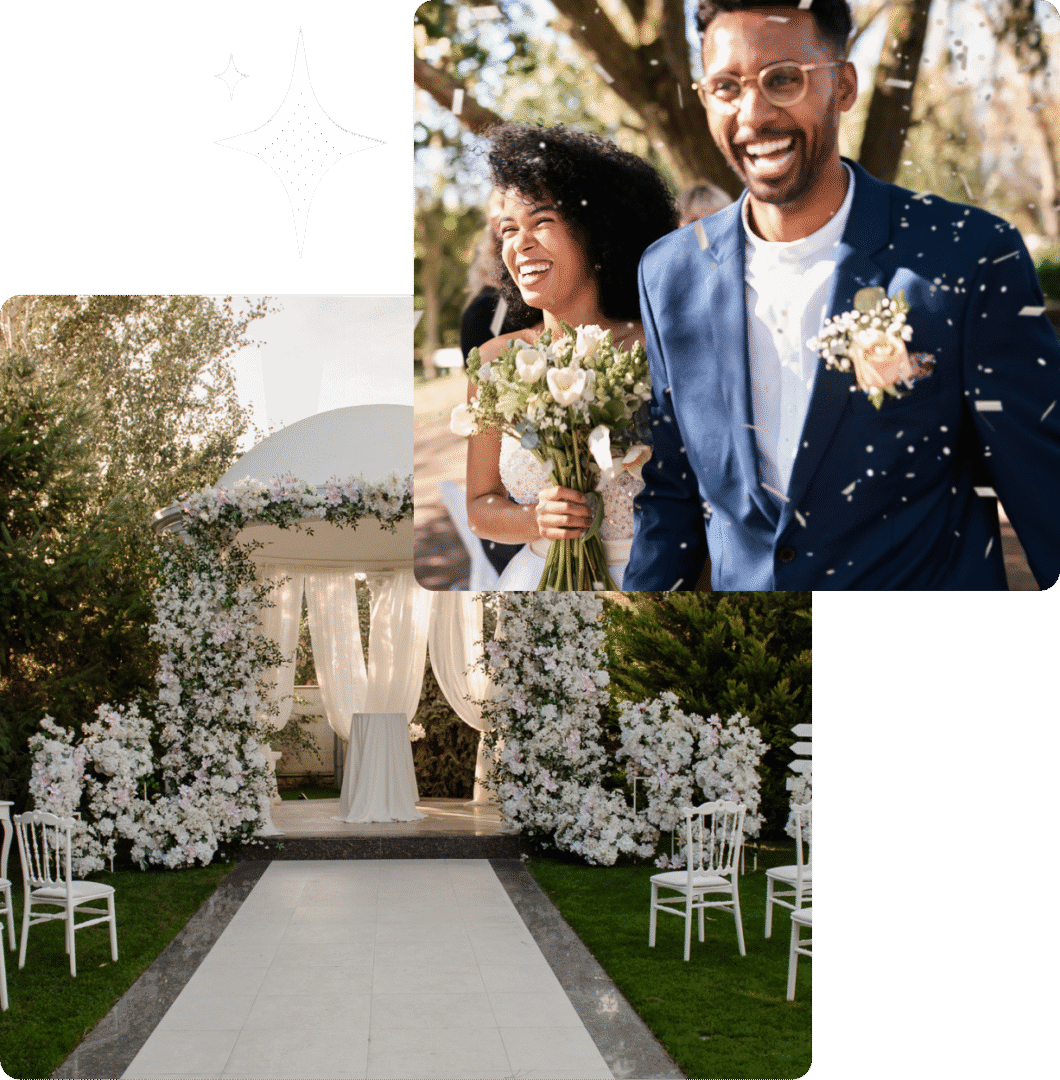 Smiling couple at outdoor wedding ceremony.