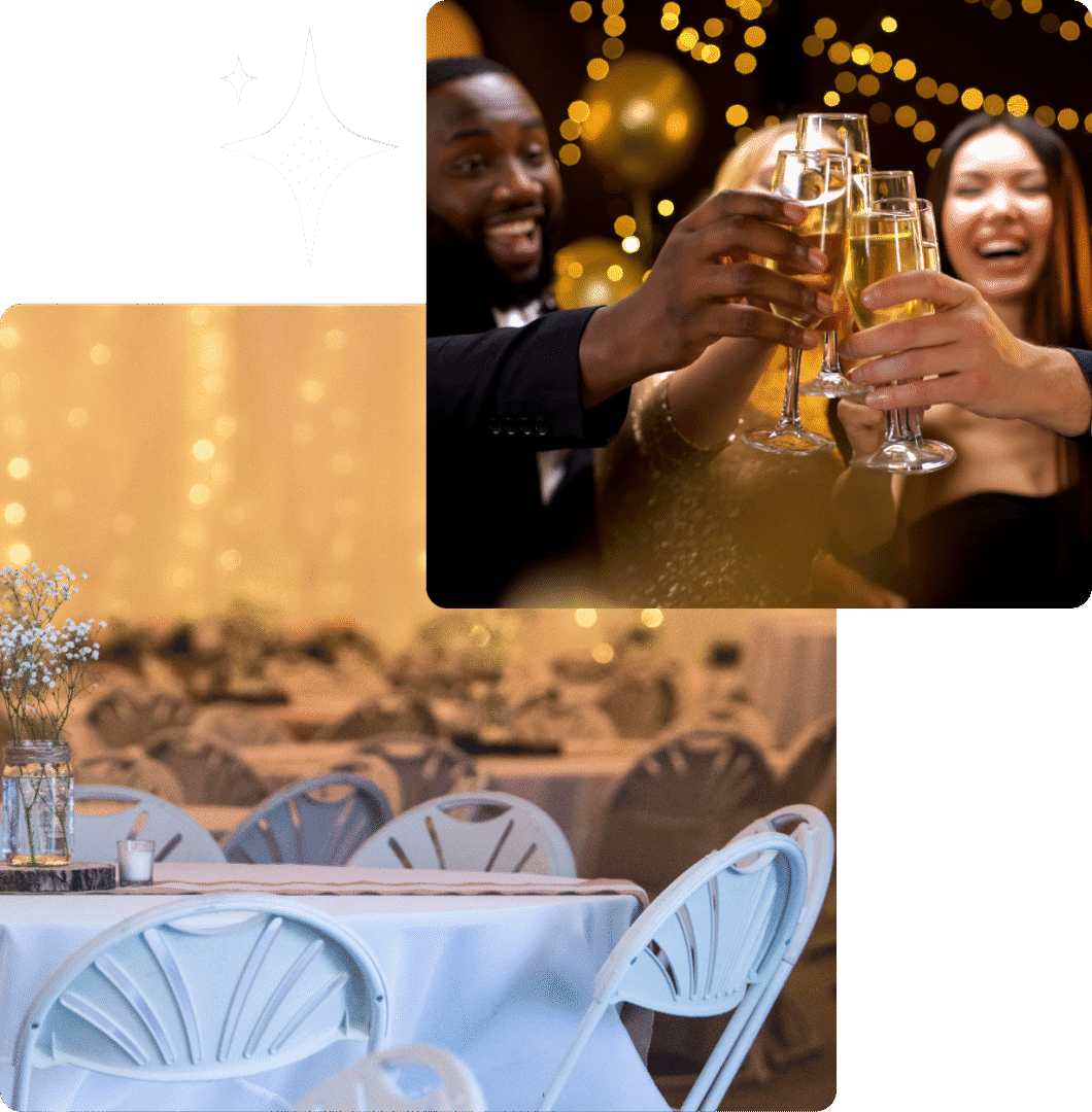 Celebration toast and decorated event tables.