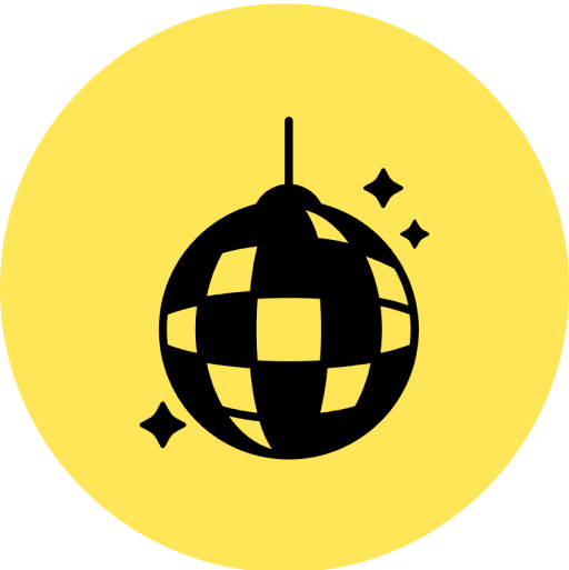 Disco ball icon with sparkles on yellow.