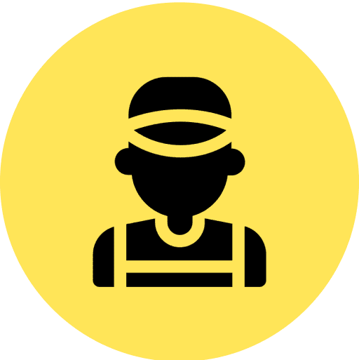 Worker icon with hard hat, yellow background.